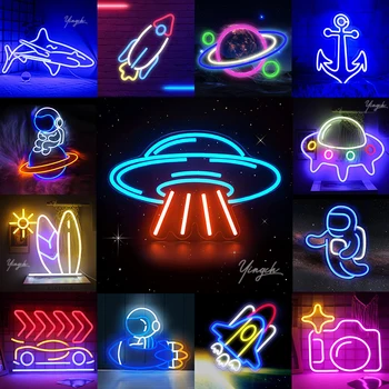 Avioni Planet e UDHËHEQUR Neon Shenjë Dritë Astronaut Raketa Makinë Alien UFO Model Nightlight USB Plug Dekor Lojë Kec Dhomë Mur Dyqan Partisë