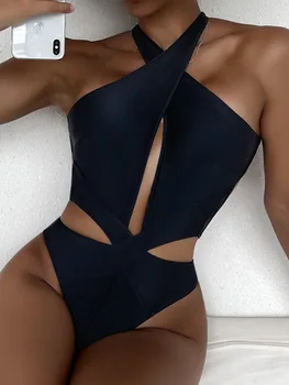 Bikini Banje Kostum Të Grave Të Ngurta Të Zezë Një Copë Rroba Banje 2023 Lak Ndër Të Shtyjë Deri Uritur Nga Backless Bark Kontrollit Swimwear