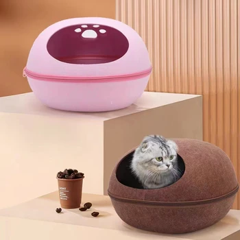 Cat Shtrat Artificiale Ndjerë Shtëpi për Macet Flenë Qese Me Fole Jastëk Eggshell Detachable Breathable Gjysmë të Mbyllur Pet Shpellë