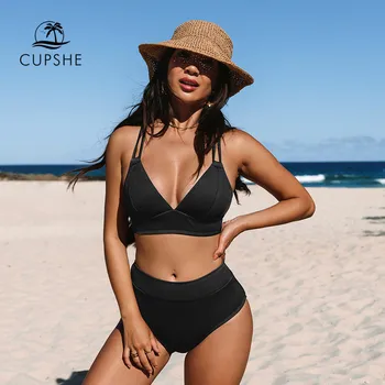CUPSHE Ribbed V-qafë të Lartë Bel Bikini Vendos rroba banje Për Femrat Sexy Lidhë Përsëri Dy Copa Beachwear 2023 Banje Kostum Swimwear