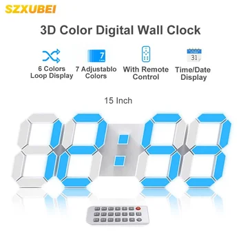 Deeyaple LED 3D Dixhitale Mur Ora Ngjyra Orën 15 Inç të Madhe Shkëlqen Tabela Alarm Clock Kohë Data Temperatura Shfaqur Gjumi