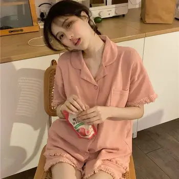 E Ëmbël Gratë Pajamas Pantallona Të Shkurtra Vendos Korean Stil Veshje Pijama Loungewear Mëngë Të Shkurtra Brendshme Dy Pjesë Grupe Të Ngurta Natë Veshin