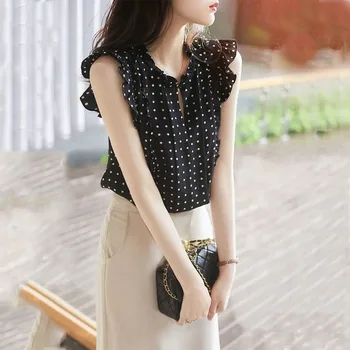 Elegante Polka Dot Print Ruffled Qafë Këmishë Korean Modës Verore Veshje e Grave Pullovers Sleeveless Ruffles Spliced Bluza