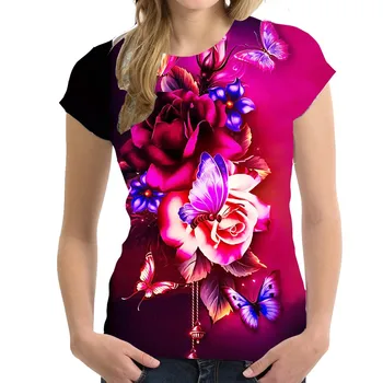 Femra të reja e T-shirt O-qafë Sexy Krye Tees Modës Qesharake Verës Femra të Butë T Shirt të Grave Veshje Flutur Print Lades Mëngë të Shkurtra