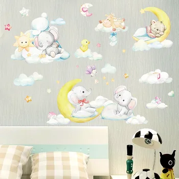 Gjumi Hënën Elefant Mbajnë Mur Stickers për Fëmijët dhoma Fëmijët room Dekor Cartoon Viny Decals Shtëpi Dekorative Gjemb Murall