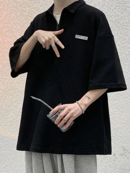 Gmiixder të Shkurtër me Mëngë të gjata Etiketë T-shirt Burra e Verës Trend Cityboy Thjeshtë Kolazh Krye Japoni Stil Gjysma Zinxhir Pite jakë xhakete Shirt