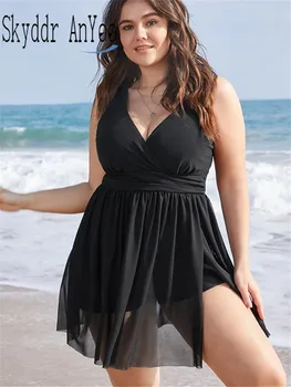 Grave Plus Size rroba banje Elegant Swimwear Një Copë Tankini V-Qafë ardhja Notuar Fustan të përmasave të Zi Bodysuit Plazh Veshin