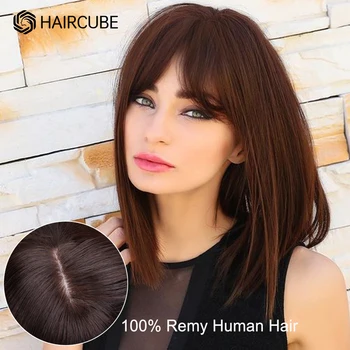 HAIRCUBE Drejt Bob e Flokëve të Njeriut Wigs për Gratë Sup Gjatësi Natyrore Zi Parukë me Bangs të Plotë Makinë Bërë Remy Flokët Wigs