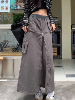 HOUZHOU Ngarkesave Pantallona të Gjata të Grave Vintage Harajuku të Lartë Bel Xhep Kolazh Zinxhir të Ndarë Grunge Drejt Cepin e Y2k Streetwear