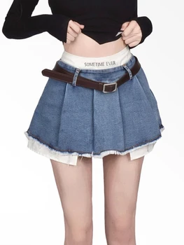 HOUZHOU Sexy Korean Xhins Mikro Cepin e Grave Y2K të Lartë Bel të Parregullt Kolazh të Rreme Dy-copë Pleated Mini Skaj Streetwear