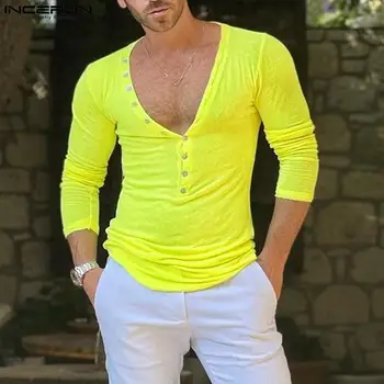 INCERUN Burra T Shirt të Ngurta me Ngjyra V të Qafës Mëngë të Gjata Butonin e Rastësishme Hollë Tee Krye 2023 Palestër Streetwear Elegant Camisetas S-5XL