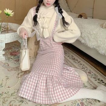 Japoneze Kawaii Plaid Rrip Veshje E Grave E Ëmbël Hark Projektuesi I Partisë Midi Fustan Femra Të Rastit Korean Modës Dimrit Cute Dress 2022