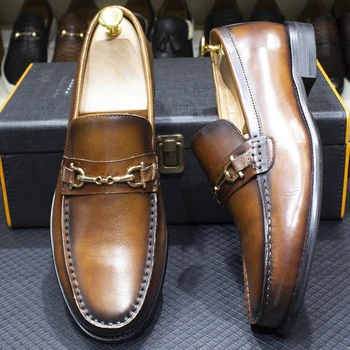 Klasike italiane Stil Mens Metalike Zinxhir Loafers Genuine Lëkure të Kaloj në Veshje e Këpucë për Meshkuj Rastësor e Biznesit Martesë Formale Këpucë