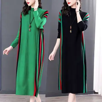Korean Lirshme Thurje Sunhat Gra Veshje 2023 Vjeshtë Të Reja Të Modës Gjysma E Lartë Jakë Pulovër Kolazh Me Shirita Femra Dresses