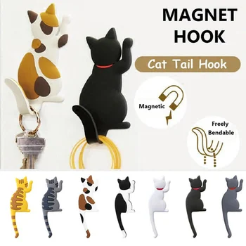 Krijues Peshqir Raft Cat Cartoon Kuzhinë Magnet Frigorifer Kryesore Të Mbajtësit Të Bendable Cat Bisht Goditje Kuzhinë Zyra Dekorimin Hook