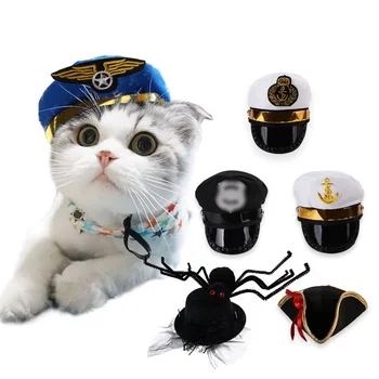 Krijues Pet Kostum Roli Luajnë Cat Hat Halloween Policisë Kapiten Anije Pirate Marinar Qen Hat Paraqitur Props Pet Headgear Cat Hat