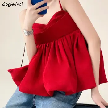 Kuq Vintage Camisole Gratë E Lirë Verën E Thjeshtë Ruffles Projektuar Elegancë Të Ëmbël Të Partisë Në Krye Streetwear Qethur Shkurt Modës Sleeveless