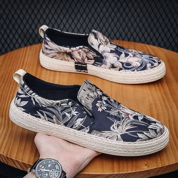 Këpucë të reja për Meshkuj Rastësor Këpucë Pranverë Verë Breathable Pëlhurë Shqip-në Loafers Rrugë Trend Lule të Shtypura Peshkatar Këpucë