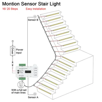 Lehtë Insallation Sensor Lëvizje Shkallë Dritë të Zhvesh Ndriçim 16 20 Hapa Shkallët LED Shirit Drite Me Sensor të Kaloni në Shkallë të Ndriçimit të