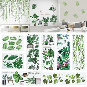 Lëvizshëm Tropikale me Gjethe e Lule të Mureve Stickers në Shtëpi Dhomë të Gjallë Dekorative Gjethe e Gjelbër Bimëve DIY Gjemb Sfond Furnizimet 7