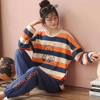 Madhësi të madhe 3XL Grave Pajamas Vendos Shirita Pizhame Loungewear Verë Vjeshtë Veshje Cartoon Pijamas Mujer 2 Copë Pjs Homewear