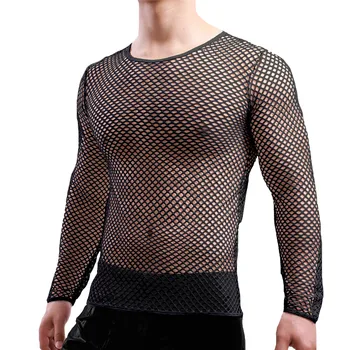 Mens Transparente Sexy Rrjetë Bluza Të Parë Përmes Rrjetë Peshkimi Mëngë Të Gjata E Muskujve Undershirts Klub Nate Partisë Kryer Në Krye Tees Rrobat