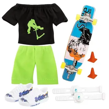 Mini Gishtin Skuter Vendosur Gishtin E Vogël Skateboard Me Pantallona & Këpucë Veshje Kit Gome E Butë Gishtin Këpucë Pads Gju Skateboard