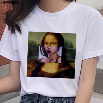 Në vitin 2020 të Reja të verës spoof Mona Lisa Print Bluza, Gratë estetikë qesharake Tshirts Rastësor të Shkurtër me Mëngë Krye t-shirt Femra Veshje