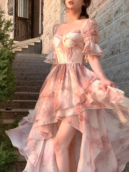 Pink Print Mbrëmje Elegante Partia Dress Gratë Flluskë Mëngë Frëngjisht Vintage Fustan Femra Korean Style Princess Dress Verës 2023