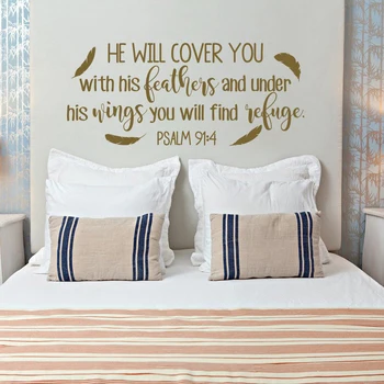 Psalmi Mur Gjemb Quote Zoti Mbulojnë Me Pupla Decal Varg Biblik Dekor Në Shtëpi Të Krishterë Që Jetojnë Dhomë Dekorimin E Shkrimit