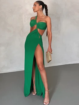 Sexy Prerë Nga Backless Maxi Veshje për Gra Veshjet 2023 Verës Elegante Një Sup Sleeveless Bodycon Partia Dresses Gjelbër