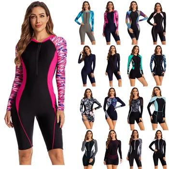Surfing Një Copë rroba banje Print Mëngë të Gjata Zinxhir Para Grave Swimwear Banje Kostum Skuqje të Gardës Surfing banje 2023 të reja