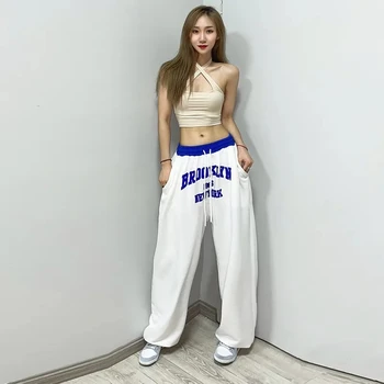 Të Lartë Bel Pantallona Korean Streetwear Të Modës Stilit Të Shtypura Letër Pantallona Gratë E Lirshme Hip-Hop Jazz Valle Gjerë Këmbë Të Pista Dhe Pantallona Të Grave