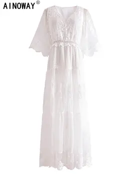 Vintage Elegant Gratë e Bardhë Dantella Mëngë të Shkurtra Plazh Sexy Bohem Maxi Vishen Rrobë Zonja V-qafë të Partisë Boho Dresses Vestidos