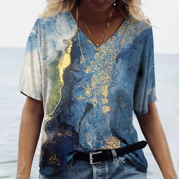 Vintage Grave T-Shirt 3D Textured Shtypur V-Qafë Pambuku të Tepërt Këmishë Mëngë të Shkurtra Lirshme të Rastit Streetwear Veshje e Grave