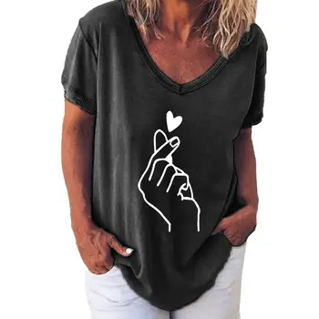 Vintage të Grave Bluza Dashuri Print V-qafë Femra me Mëngë të Shkurtra Harajuku në Krye të Zonjat T-shirts të Tepërt Tee Këmishë Veshje Zonjat