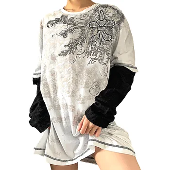 Xingqing Vintage Lules Print T Shirt Gratë Vjeshtë Raundin Qafën Këmisha Me Mëngë Të Gjata Femrat Rastësor Streetwear Y2k Krye 2021 Veshje