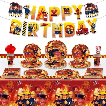Zjarrfikës Sam Themed Tableware Letër Pjatë Filxhan Tabela leckë Zjarr Kamion Ballon Fëmijët Djem Zjarrfikës Ditëlindjeje Dekorimin